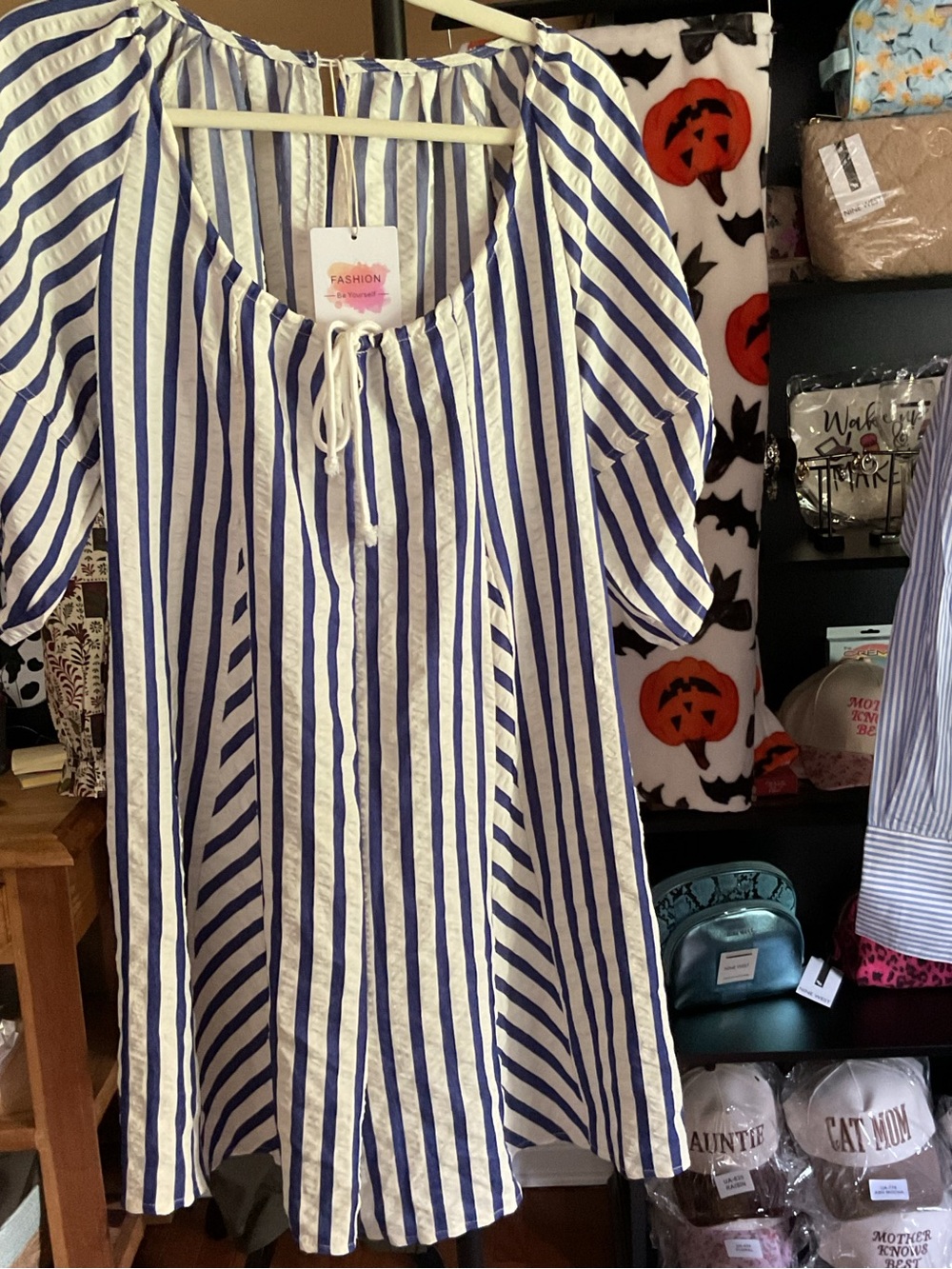 Blue & White Striped Peasant Romper
